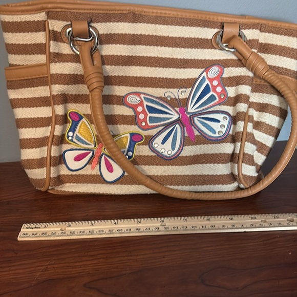 Butterfly Embroidered Striped Canvas Tote Bag Tan Brown Shoulder Handbag - Picture 11 of 11